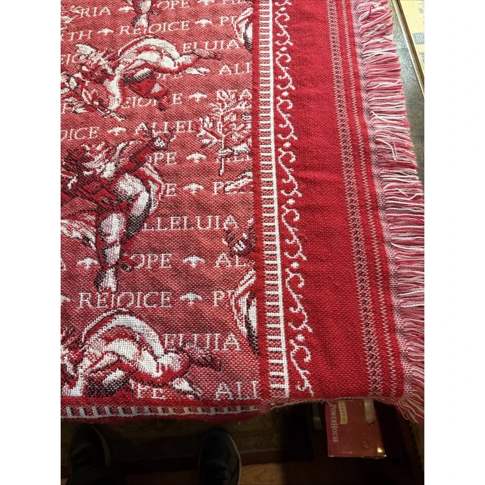 Vintage 90s Christmas Tapestry Blanket Red Angel Cherub Rejoice Peace on‎ Earth